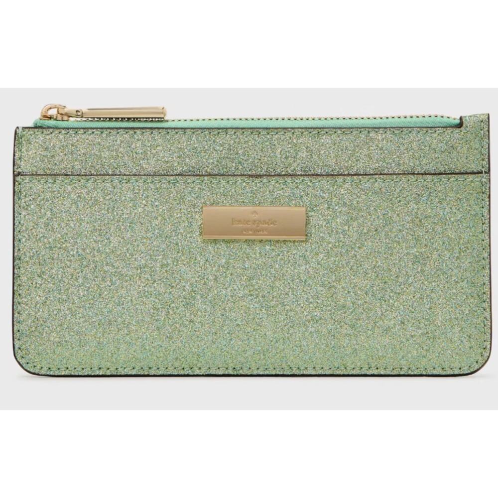Kate Spade New York Kenzie Boxed Glitter Green Large Slim Cardholder Wallet - Picture 1 of 4